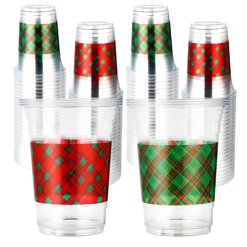 100 Pcs Christmas Plastic Cups 16 oz Xmas Red and Green Plaid Disposable Plastic Cups Christmas Clear Cocktail Glasses for Wedding Winter Candy Beverage Juice Drinking Snacks Coffee Party Supplies