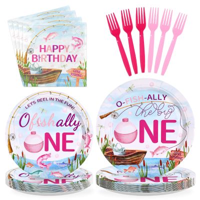 Greencian 96Pcs Ofishally One Birthday Decorations for GirlsServes 24