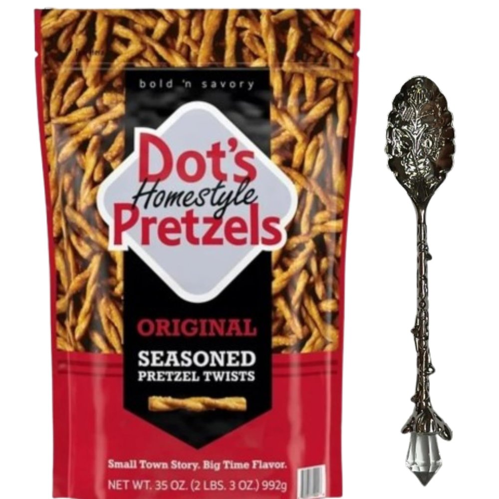 Dots Homestyle Original Seasoned Pretzel Twists, 35 oz (2 lbs 3 oz) Bold & Savory Crunchy Snack Resealable Bag Includes Candy Freezer Gem Spoon