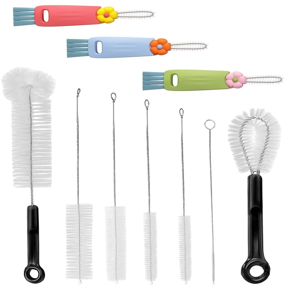 10 Pcs Bottle Brush and Lid Cleaning Brush Set, Long Water Bottle Straw Cleaner Brush for Wine Decanter Narrow Neck Bottles, Home Kitchen Crevice Brush Tools