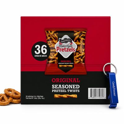 Dots Homestyle Pretzels Original Seasoned Twists 36 Individual 1oz Snack Bags Bold Savory Flavor, Perfect for On-the-Go, Lunches, or Sharing with Candy Freezer Bottle Opener Keychain