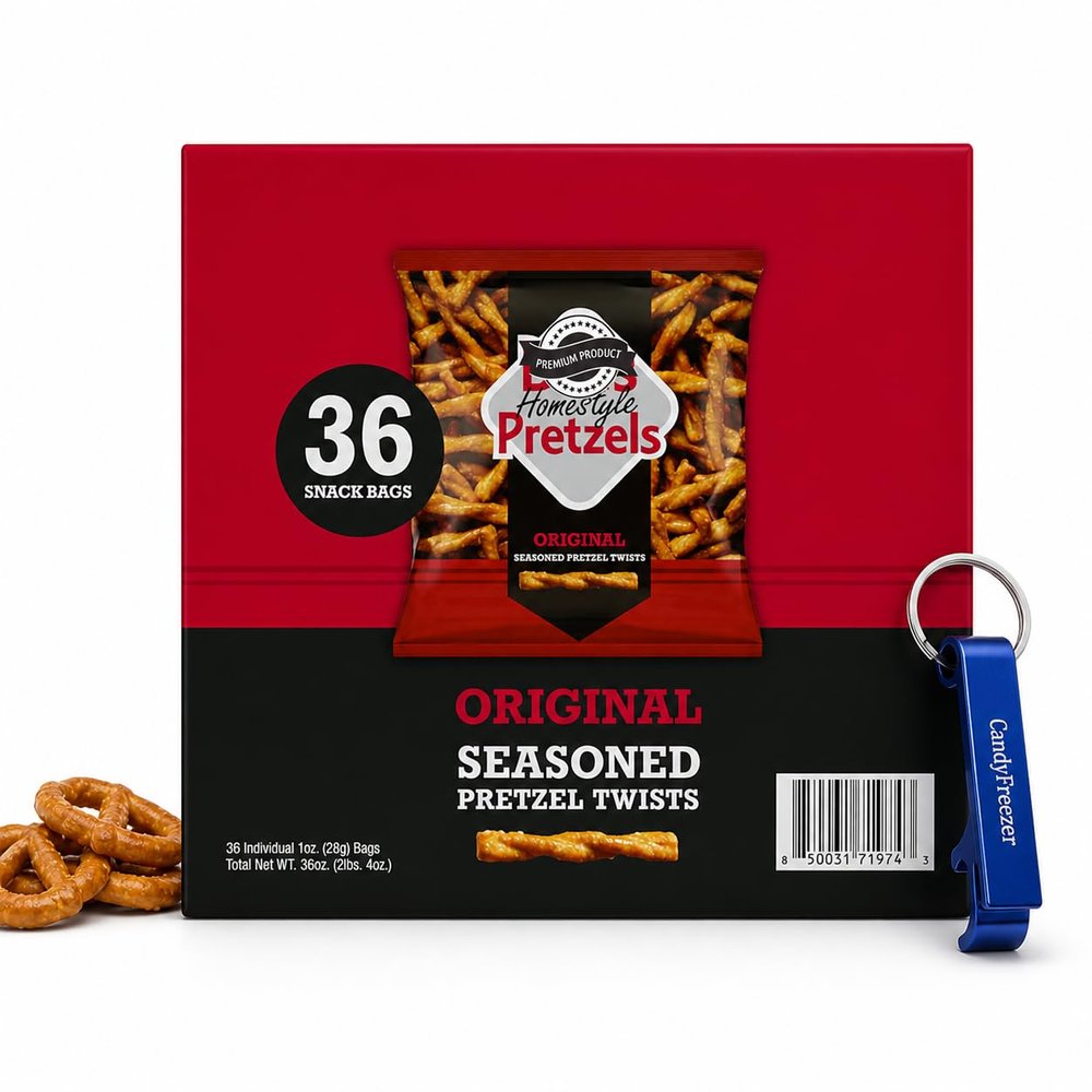 Dots Homestyle Pretzels Original Seasoned Twists 36 Individual 1oz Snack Bags Bold Savory Flavor, Perfect for On-the-Go, Lunches, or Sharing with Candy Freezer Bottle Opener Keychain