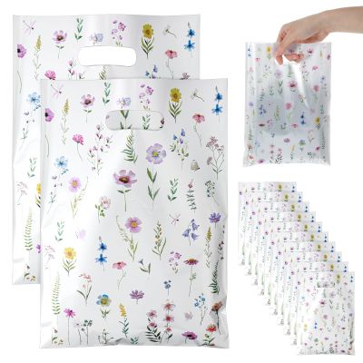 Ouligay 50PCS Plastic Wildflower Goodie Bags Reusable Party Favor Bags with Handles Vintage Floral Gift Bag Wildfloral Candy Treat Bag for Baby Shower Wedding Birthday Supplies Colorful
