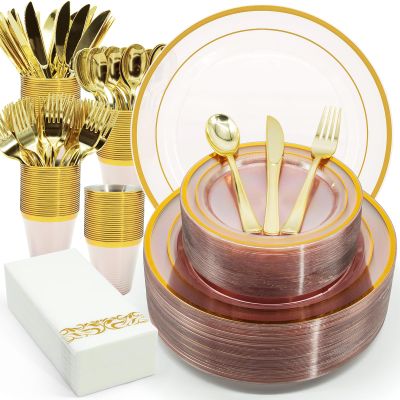 AIRE Pink Gold Plastic Plates Set, 350PCS Disposable Tableware for 50