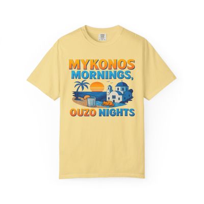 Mykonos Mornings & Ouzo Nights: Greek Island Paradise Illustration Comfort Colors T-Shirt Butter