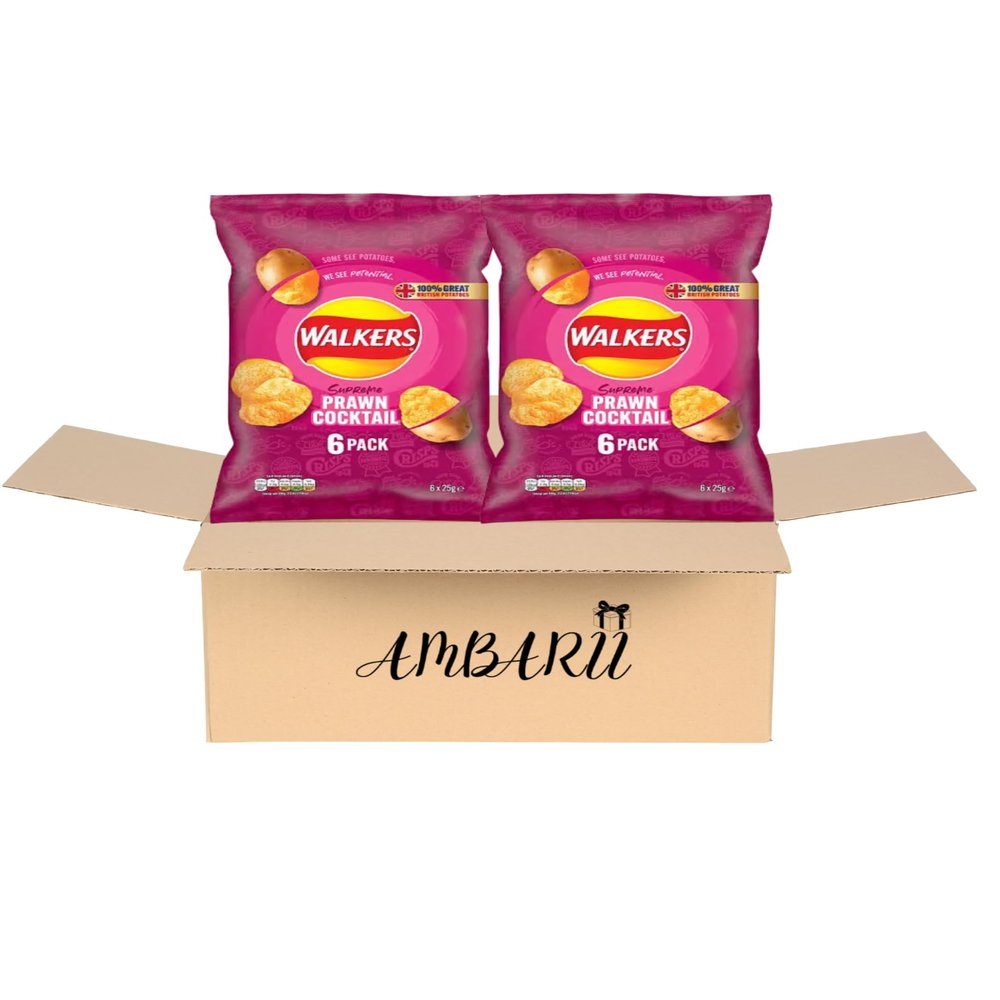 AMBARII Prawn Cocktail Flavored Potato Crisps, 6 Pack of 25g Bags, Pack of 2