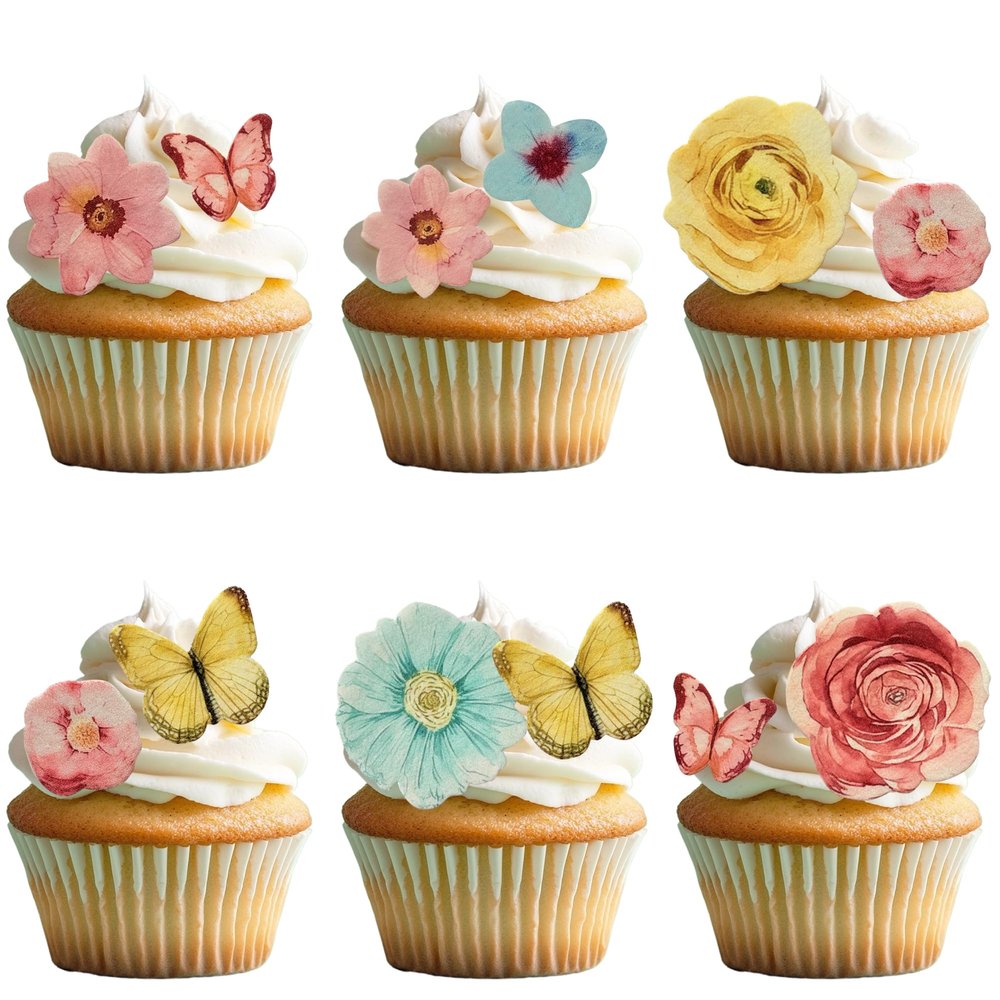 102 PCS Edible Flowers Butterfly Cupcake Toppers Rose Daisy Butterflies Flowers Cake Toppers Flowers Party Decorations for Wedding Engagement Birthday Party Decorations Supplies Mixed Size & Colour