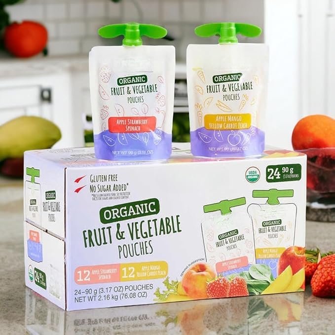 Kirklant Organic Fruit and Vegetable Pouches Variety Pack, 24 Count (3.17 oz Each) No Sugar Added, Gluten Free, USDA Organic, Kosher Kids Snack with Real Fruit & Veggies