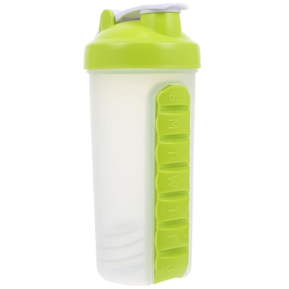 J.B.Y JUST BE YOURSELF 2-in-1 Water Bottle and Pill Organizer, 600ml Capacity, 7 Compartments outdoor capsule cup medicine box dispenser (Shaking Cup Green)