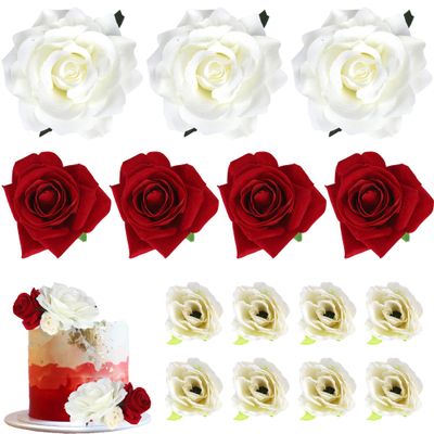 10 Pack Red Rose Flower Cake Toppers Artificial Flower Heads Cake Picks Fake Flowers Cupcake Decoration for Baby Shower Women Girls Birthday Wedding Valentine's Day Celebration Boho Party Supplies