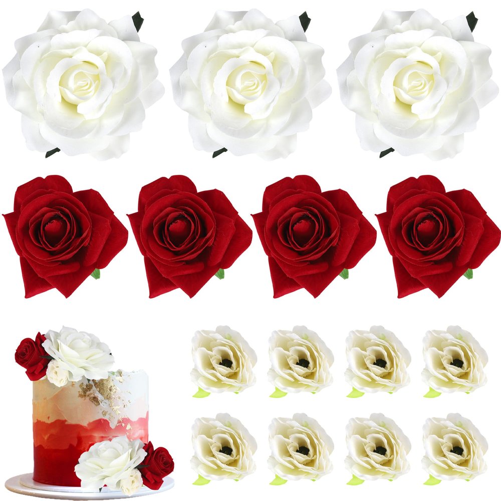 10 Pack Red Rose Flower Cake Toppers Artificial Flower Heads Cake Picks Fake Flowers Cupcake Decoration for Baby Shower Women Girls Birthday Wedding Valentine's Day Celebration Boho Party Supplies