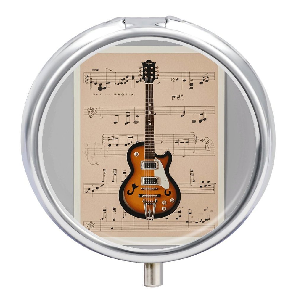 Musical Guitar Print Pill Box - 3 Compartment Travel Pill Organizer with Small Mirror, Portable Pillcase for Pocket & Purse, Cute Round Medicine Case, Weekly Medicine Container