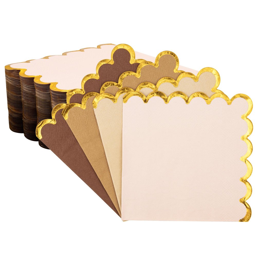 100 Pcs Brown Scalloped Napkins with Gold Foil Gradient Color Cocktail Napkin Folded 5 x 5 Beverage Napkins Disposable Paper Napkins for Birthday Party Supplies