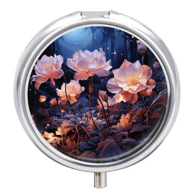 Night Flowers Pill Box - 3 Compartment Travel Pill Organizer with Small Mirror, Portable Pillcase for Pocket & Purse, Cute Round Medicine Case, Weekly Medicine Container