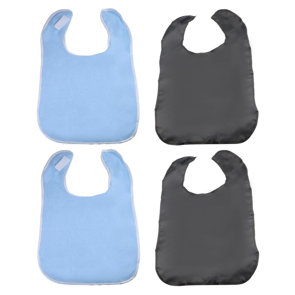 Yitexin 4 Pack Adjustable Adult Bibs for Elderly Women Men, Reusable Cloth Bibs, Soft Dining Clothing Protectors for Adults (Black and Blue)