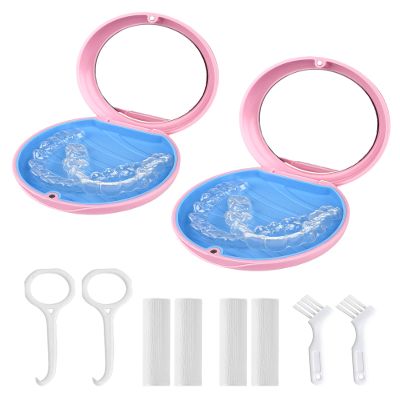 2 Pack Retainer Case with Mirror Kits, Aligner Case Compatible with Invisalign, Slim Night Guard Cases with Aligner Removal Tool, Brush and Chew,Pink