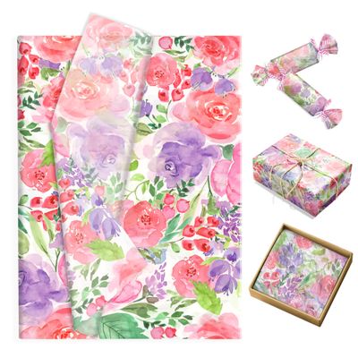 100 Sheets Watercolor Floral Tissue Paper, Red Purple Flower Gifts Wrapping Paper, DIY Art Tissue for Birthday Wedding Spring Summer Party Decoration Supplies, 13.8 x 19.7 inches