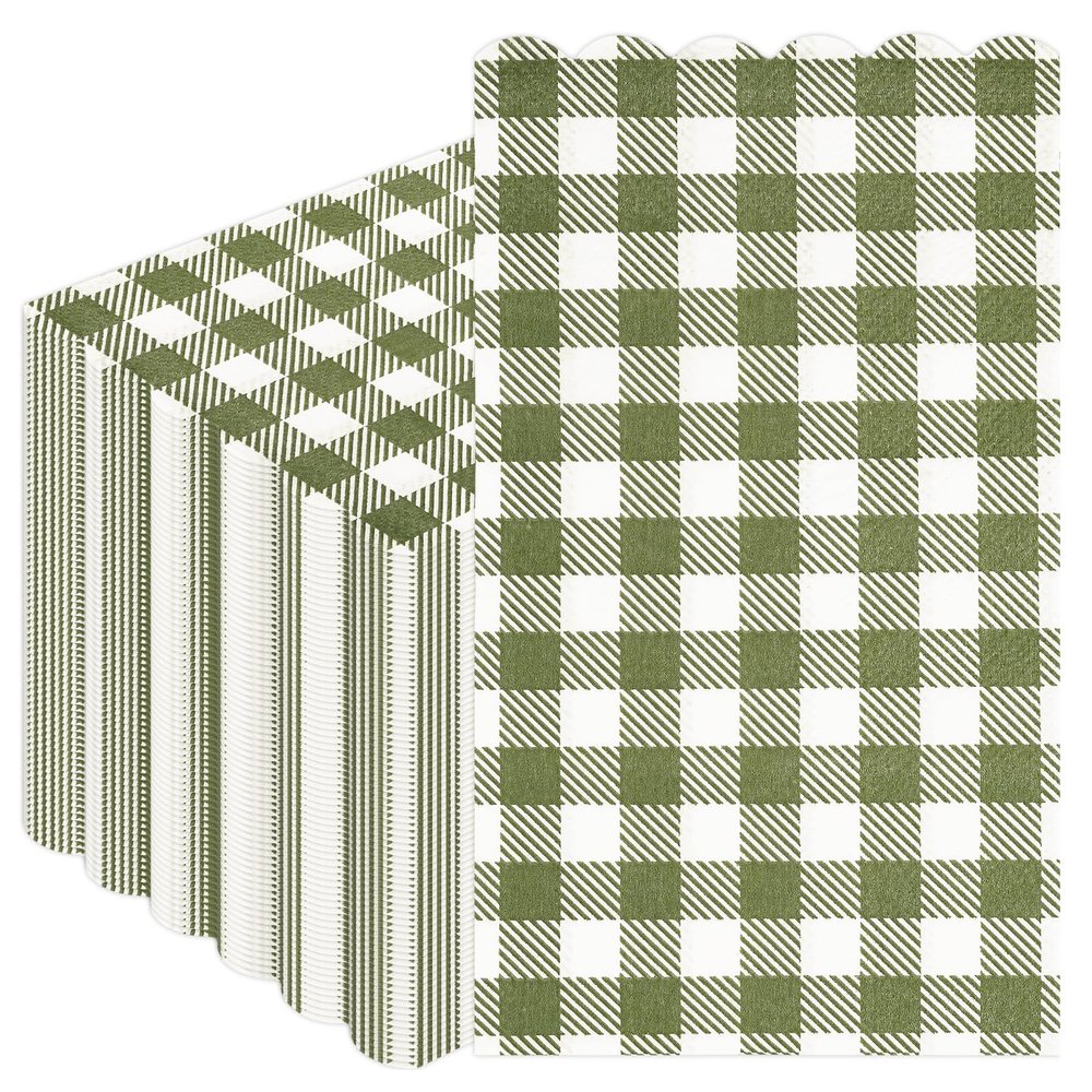 100Pcs Sagegreen Gingham Napkins Disposable - 3-PLY Christmas Paper Napkins Plaid Dinner Scalloped Napkin for Xmas Bathroom Picnic BBQ Bridal Shower Birthday Wedding Party Supplies 13"x15.8"