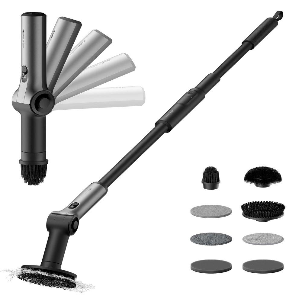 HOTO Flexi Cordless Electric Spin Scrubber, Adjustable Angle, Extendable Handle, Smart Display, IPX7 Waterproof, Powerful Cleaning Scrubber with 8 Replaceable Brush Heads, for Bathtub, Bathroom, Tile
