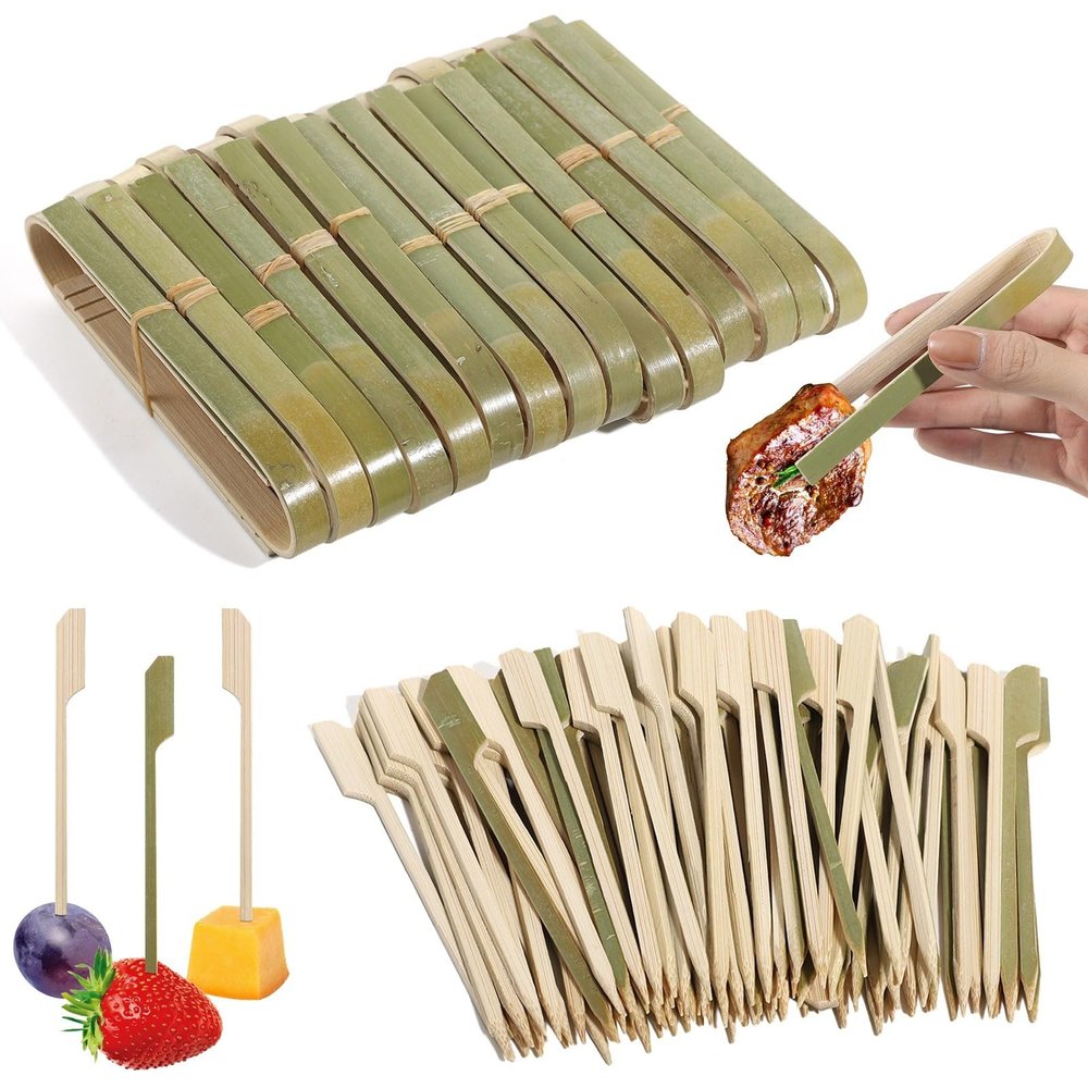 100 Pcs Bamboo Serving Tongs & Toothpicks, 4.7 Mini Toast Tongs, Ideal for Buffets, Home, Catering