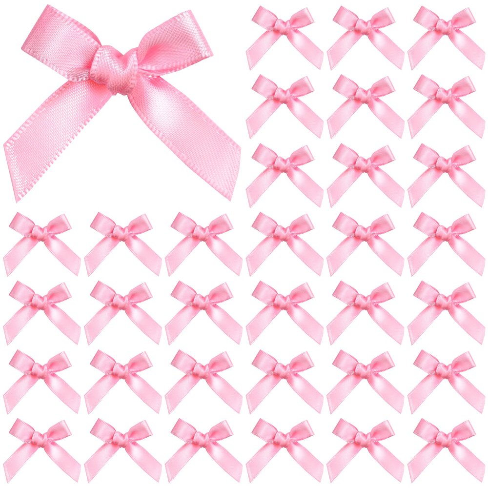 100PCS Tinkrstuff Pink Mini Bows for Crafts, 1.5*2" Fabric Small Bows for Decoration,Satin Ribbon Tiny Bow for Clothes Ornament, Cute Christmas Tree Bows &Thanksgiving Gifts Party Cake Balloon Treats
