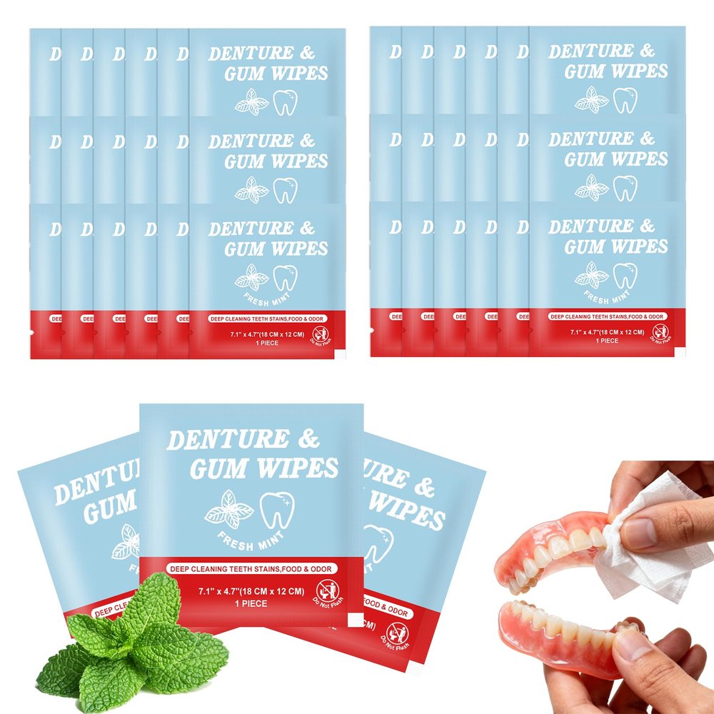 Denture Cleaner Wipes Disposable Teeth Gum Retainer Wipe Oral Care, Tooth Gums Cleaning Dental Dentures Tablets, Denture Adhesive Food Debris Braces Stain Odor Remover for Adults Elderly Mint 200 Pcs