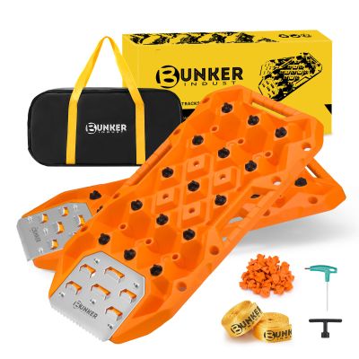 BUNKER INDUST Offroad Traction Boards with Jack Base, Pair Portable Recovery Track Tire Traction Mat - Orange Sand,Mud,Snow Tracks(Replaceable Dual Colors Teeth/Rugged Steel Plate), Gen 12th