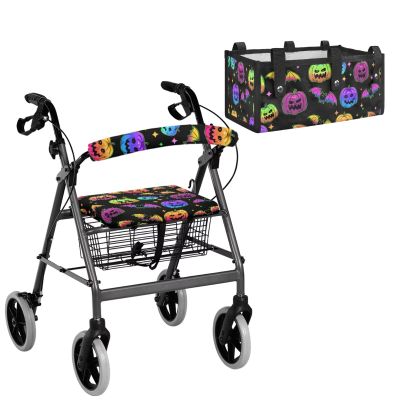 Uorisanigo Halloween Rollator Walker Seat Covers for Seniors Colorful Bat Pumpkin Universal Rollator Walker Halloween Decorations Walker Set of 2 Rollator Walker Accessories
