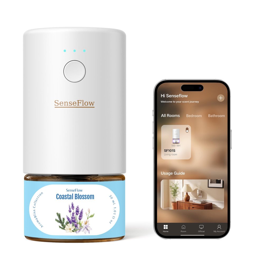 SenseFlow SF101S Pro Smart Plug in Air Freshener for Home, Waterless Essential Oil Diffuser, Aromatherapy Home Diffuser, 120-Day Natural Aroma Mist Free 30ml Coastal Blossom (Baby Blue)