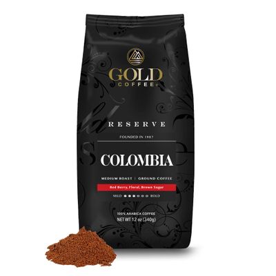 Gold Coffee Co. Premium Colombia Huila - Medium Roast Finely Ground 100% Colombian Coffee - Notes of Caramel, Brown Sugar, Green Apple, 12 Oz