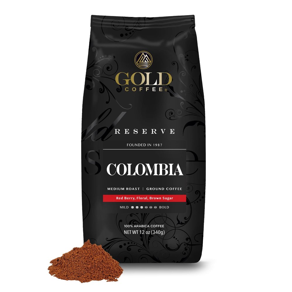 Gold Coffee Co. Premium Colombia Huila - Medium Roast Finely Ground 100% Colombian Coffee - Notes of Caramel, Brown Sugar, Green Apple, 12 Oz