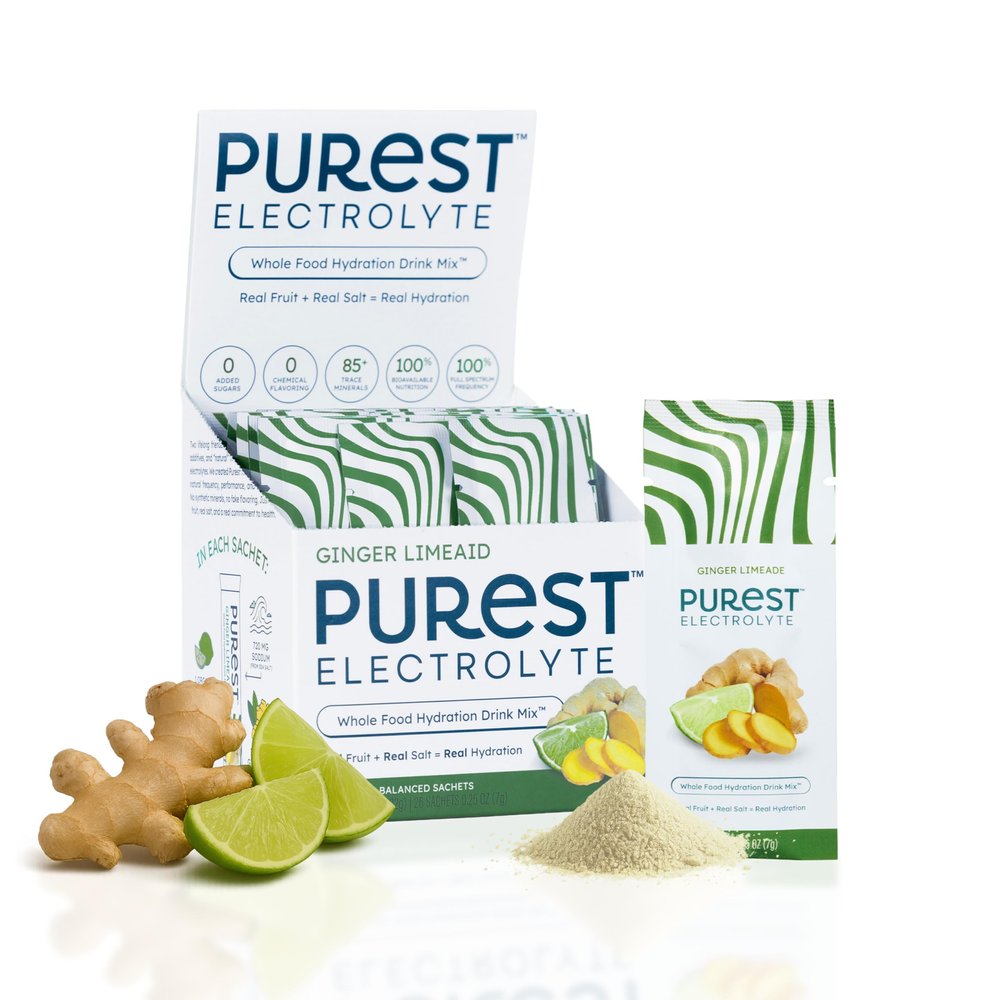 Purest Electrolyte Organic Ginger LimeAid Hydration Powder Packets with Solar Sea Salts & Organic Freeze-Dried Fruit for Instant Hydration, No Added Sugar Electrolytes, 26 Packets