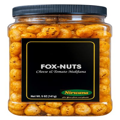 Roasted Fox Nuts - Crunchy Makhana Snack | Lightly Salted Lotus Seeds | Plant-Based Protein | Low Calorie Roasted Snacks | Healthy Crunchy Snack for Office, Travel, Movie Nights (5oz, Cheese and Tomato)