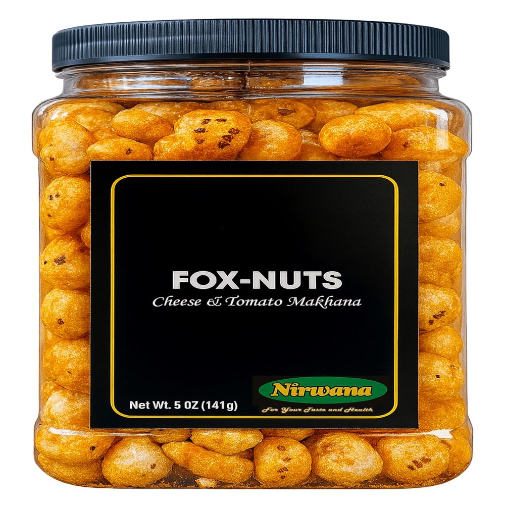 Roasted Fox Nuts - Crunchy Makhana Snack | Lightly Salted Lotus Seeds | Plant-Based Protein | Low Calorie Roasted Snacks | Healthy Crunchy Snack for Office, Travel, Movie Nights (5oz, Cheese and Tomato)