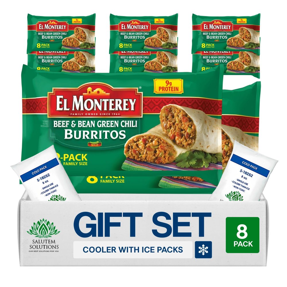 Salutem Vita Beef & Bean Green Chili Burritos, Frozen Mexican Food Gift Set Pack of 8