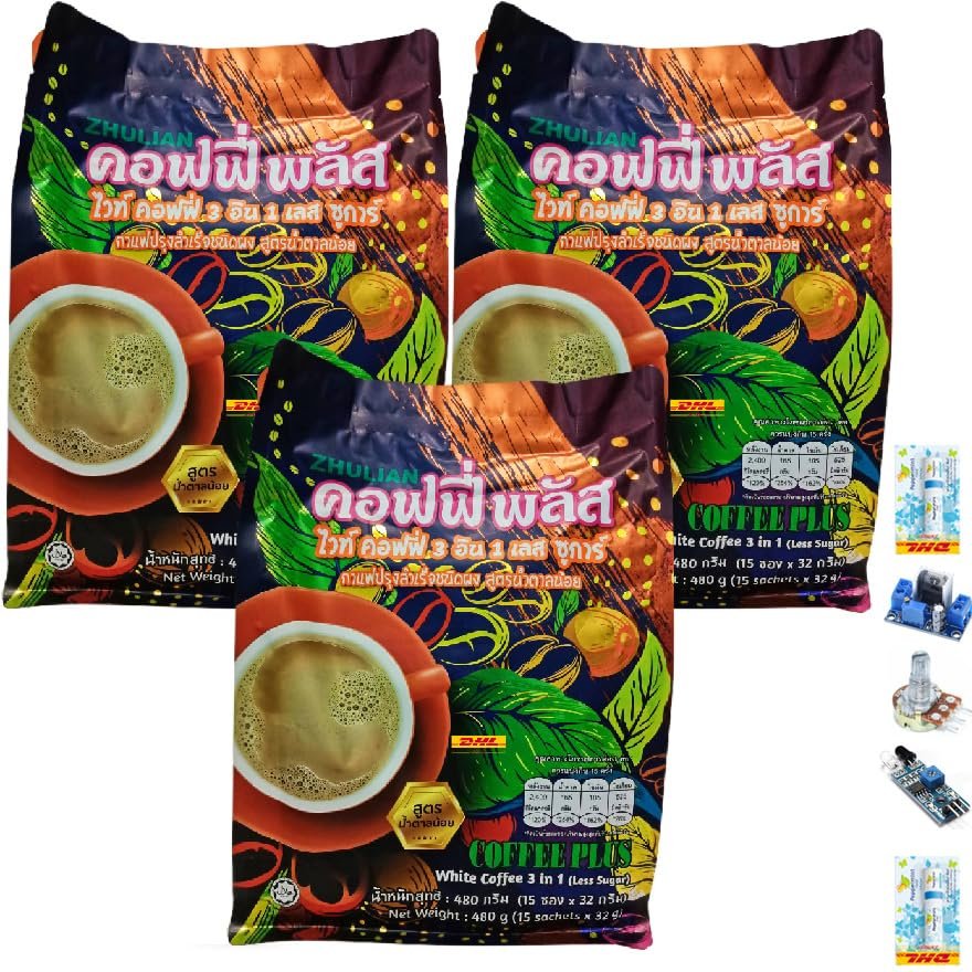 480 grams (15 Sachets) Zhulian Coffee Plus Less Sugar Mix Healthy Vegan Robusta Roasted Snack Delicious Mellow Intense (of 3) By Thaigiftshop [Get Free Tomato Facial Mask]