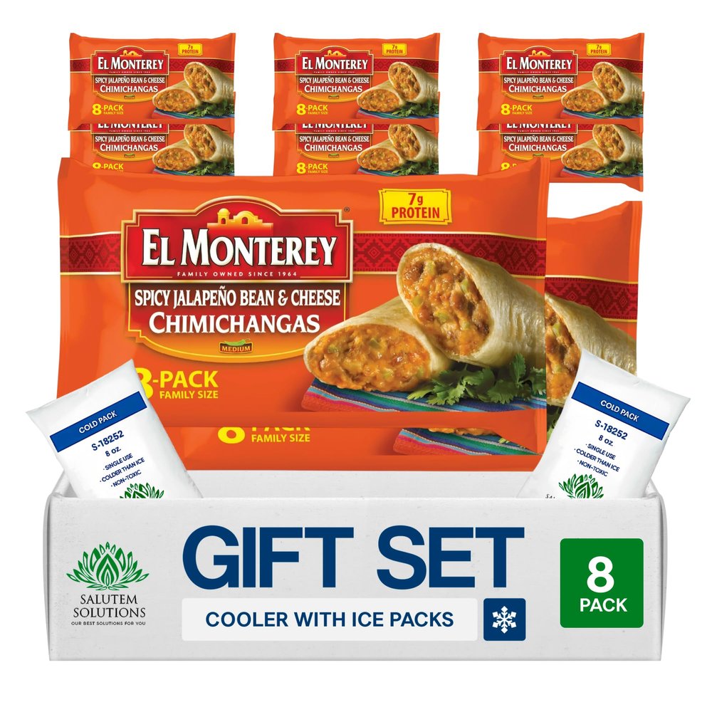 Salutem Vita Spicy Jalapeno Bean and Cheese Chimichangas, Frozen Mexican Food Gift Set Pack of 8