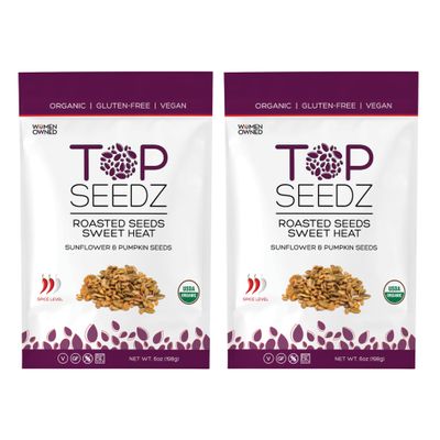 Top Seedz Certified Organic Gluten Free Vegan Sweet Heat Roasted Seeds | 2-Pack | 6 Ounces | Made of Shelled Sunflower & Pumpkin Seeds, Maple Syrup, Cayenne, and Extra Virgin Olive Oil