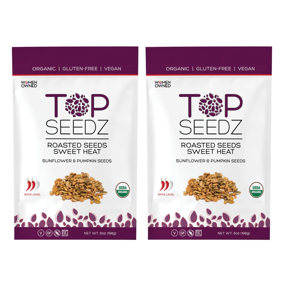 Top Seedz Certified Organic Gluten Free Vegan Sweet Heat Roasted Seeds | 2-Pack | 6 Ounces | Made of Shelled Sunflower & Pumpkin Seeds, Maple Syrup, Cayenne, and Extra Virgin Olive Oil