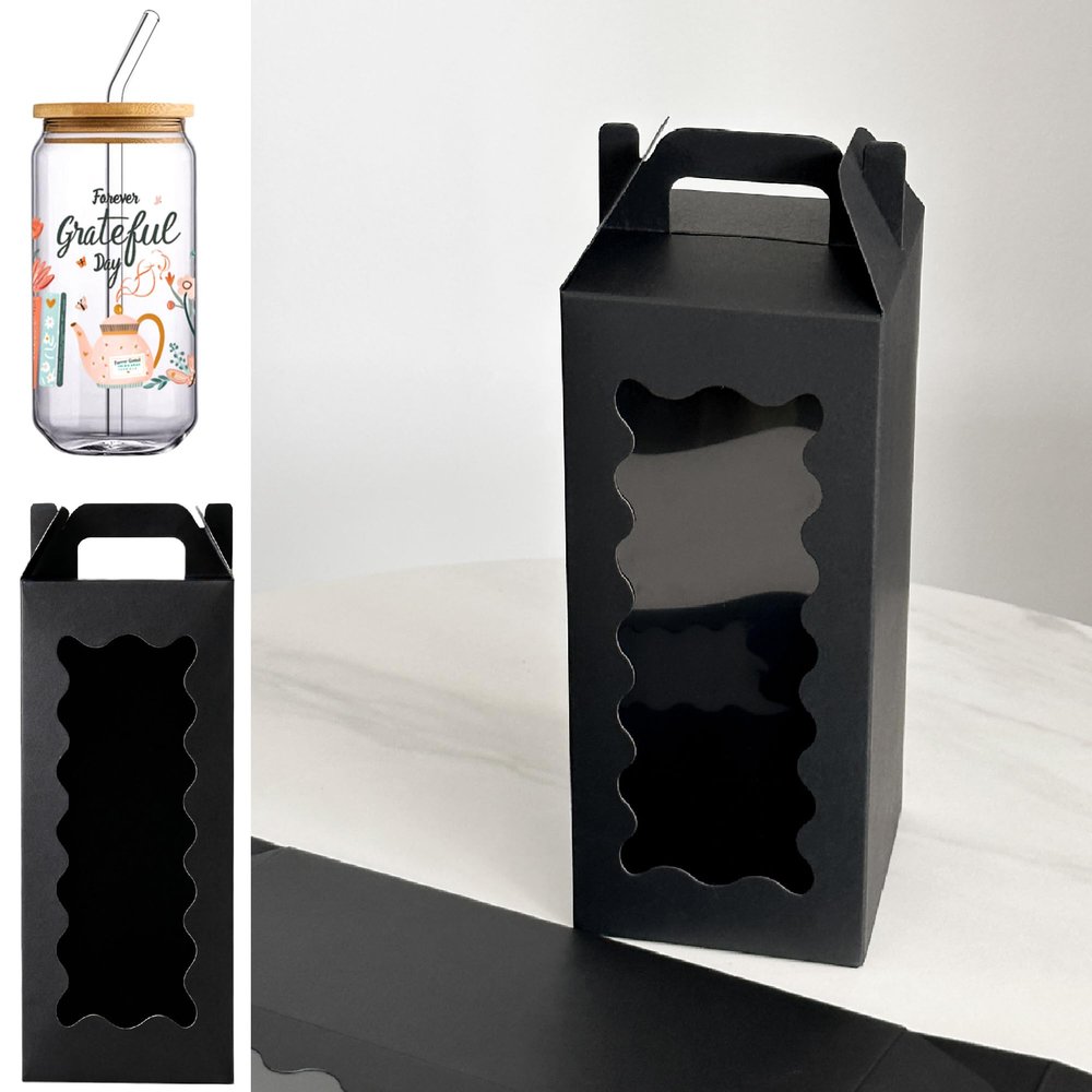25Pcs Tumbler Gift boxes for glass cup with Handle for 16oz 18oz 20oz Sublimation Glass, Cup boxes for packaging 16oz,water bottle gift boxes,Tumbler Packaging Boxes with window for giftsBlack