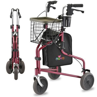 NOVA Traveler Folding 3-Wheel Walker with Tray, Basket, Pouch & Cup Holder, Lightweight Mobility Aid for Seniors & Adults, 8 All-Terrain Wheels for Tight Spaces & Travel, Red