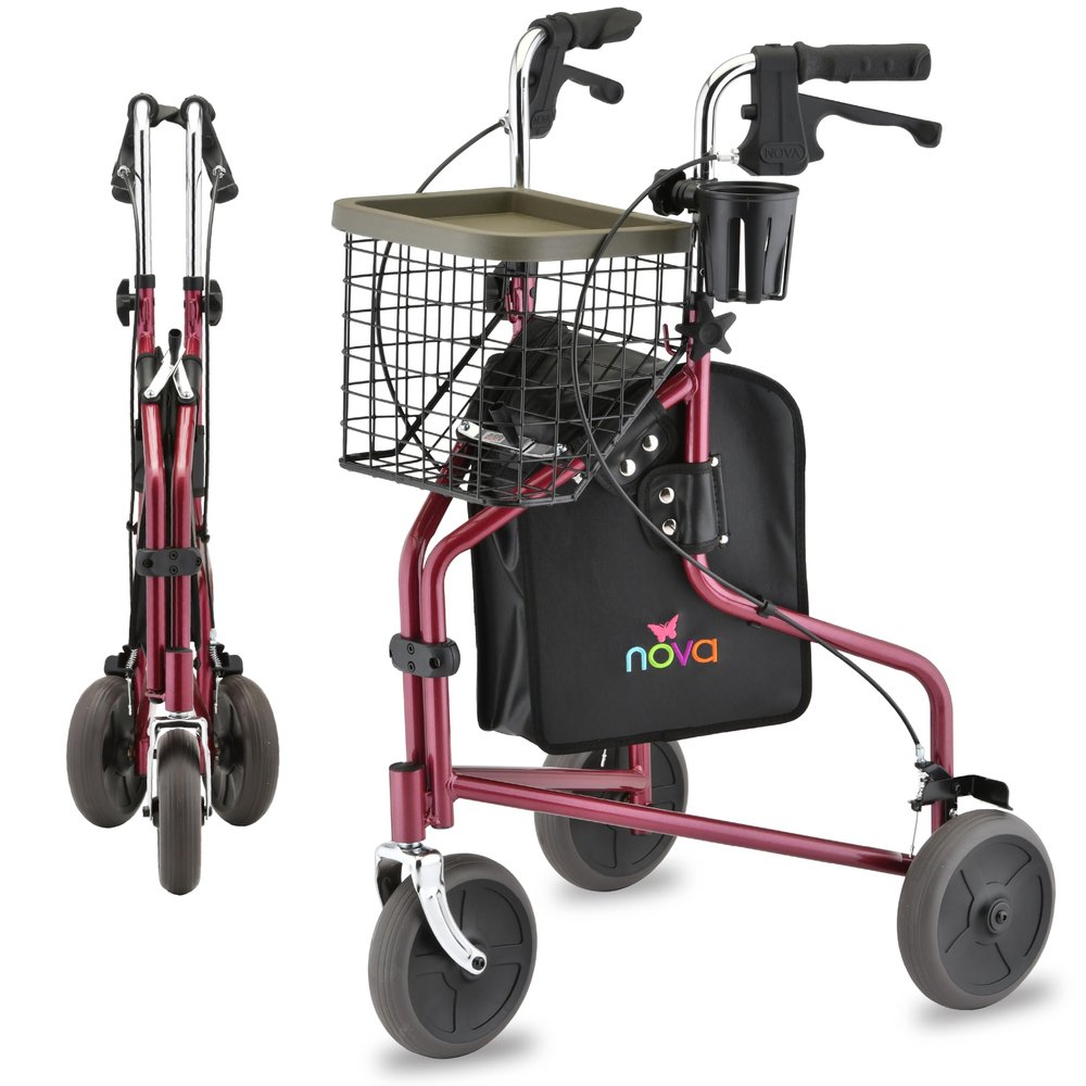 NOVA Traveler Folding 3-Wheel Walker with Tray, Basket, Pouch & Cup Holder, Lightweight Mobility Aid for Seniors & Adults, 8 All-Terrain Wheels for Tight Spaces & Travel, Red