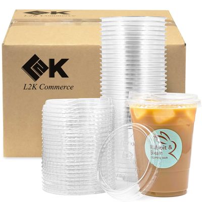 [100 Sets] 24 oz Disposable Clear Plastic Coffee Cups with Strawless Sip Lids (100 Cups with 100 Lids)