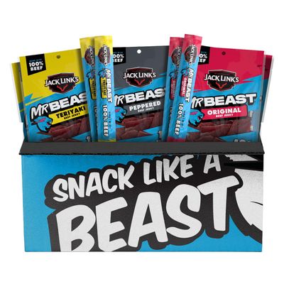Jack Link's x MrBeast Beef Jerky and Sticks Variety Pack - Original, Peppered & Teriyaki - Ready to Eat Real Meat Protein Snacks - Good Source of Protein - Made with 100% Beef - 9 Count