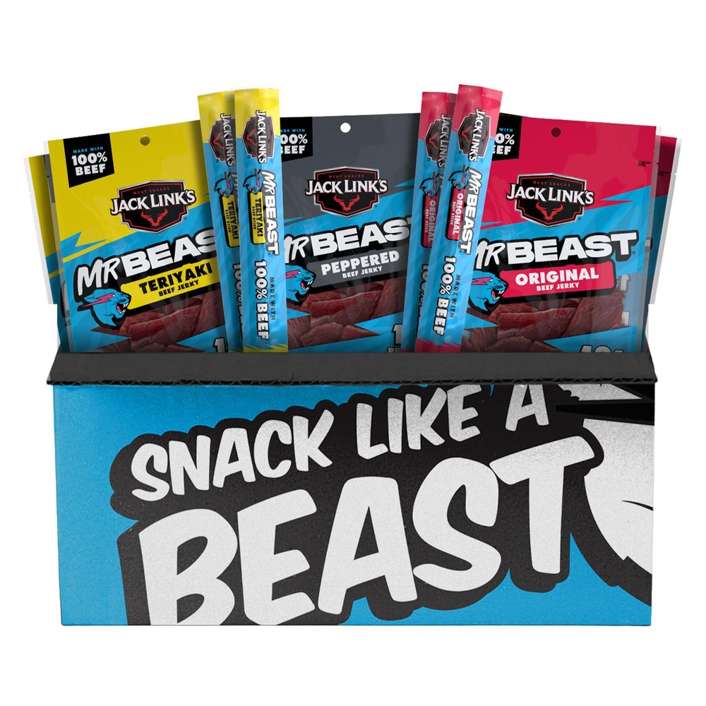 Jack Link's x MrBeast Beef Jerky and Sticks Variety Pack - Original, Peppered & Teriyaki - Ready to Eat Real Meat Protein Snacks - Good Source of Protein - Made with 100% Beef - 9 Count