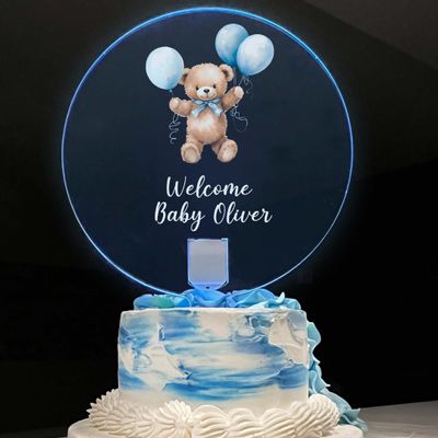 Illuminated Blue Teddy Bear Ballons Celebration New Baby Boy Shower Cake Topper Personalized Custom Name Decor Centerpiece Table Display Multiple Color Options Light Effects | Light Up The Party!