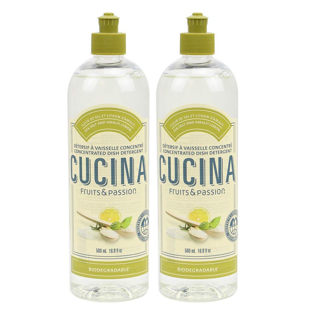 Cucina Fruits & Passion Biodegradable Concentrated Liquid Dish Soap Detergent 16.9 Ounces - 2 Pack (Sea Salt and Amalfi Lemon)