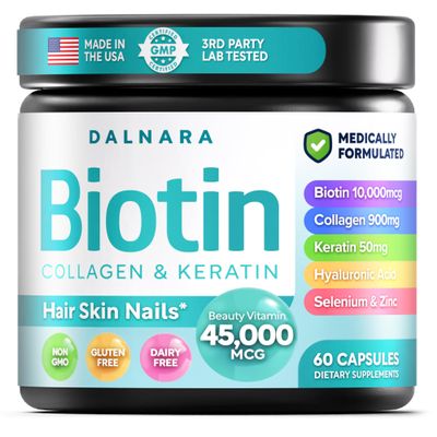 Biotin Collagen & Keratin Hair, Skin & Nails Vitamins, 45,000 MCG Vitamin Complex (A, B1, B2, B3, B6, B7, C & E)Biotin for Hair Growth for Women & Men, Hair Vitamins-60 CapsulesMade in USA