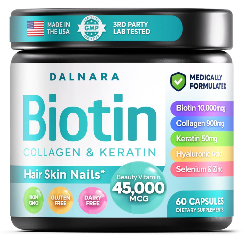 Biotin Collagen & Keratin Hair, Skin & Nails Vitamins, 45,000 MCG Vitamin Complex (A, B1, B2, B3, B6, B7, C & E)Biotin for Hair Growth for Women & Men, Hair Vitamins-60 CapsulesMade in USA
