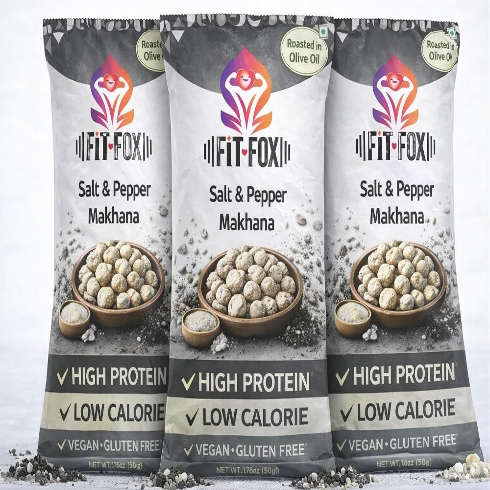 Fit Fox Salt & Pepper Makhana,Pack of 3, Superfood Snack, 1.76oz, High Protein, Fat Free. Flavored Popped Water Lily Seeds, Gluten-Free, Vegan, Nut-Free, Corn-Free, Soy-Free, Non-GMO, Delicious Plant-Based Crunchy Snack Makhana Gluten Free Roasted &